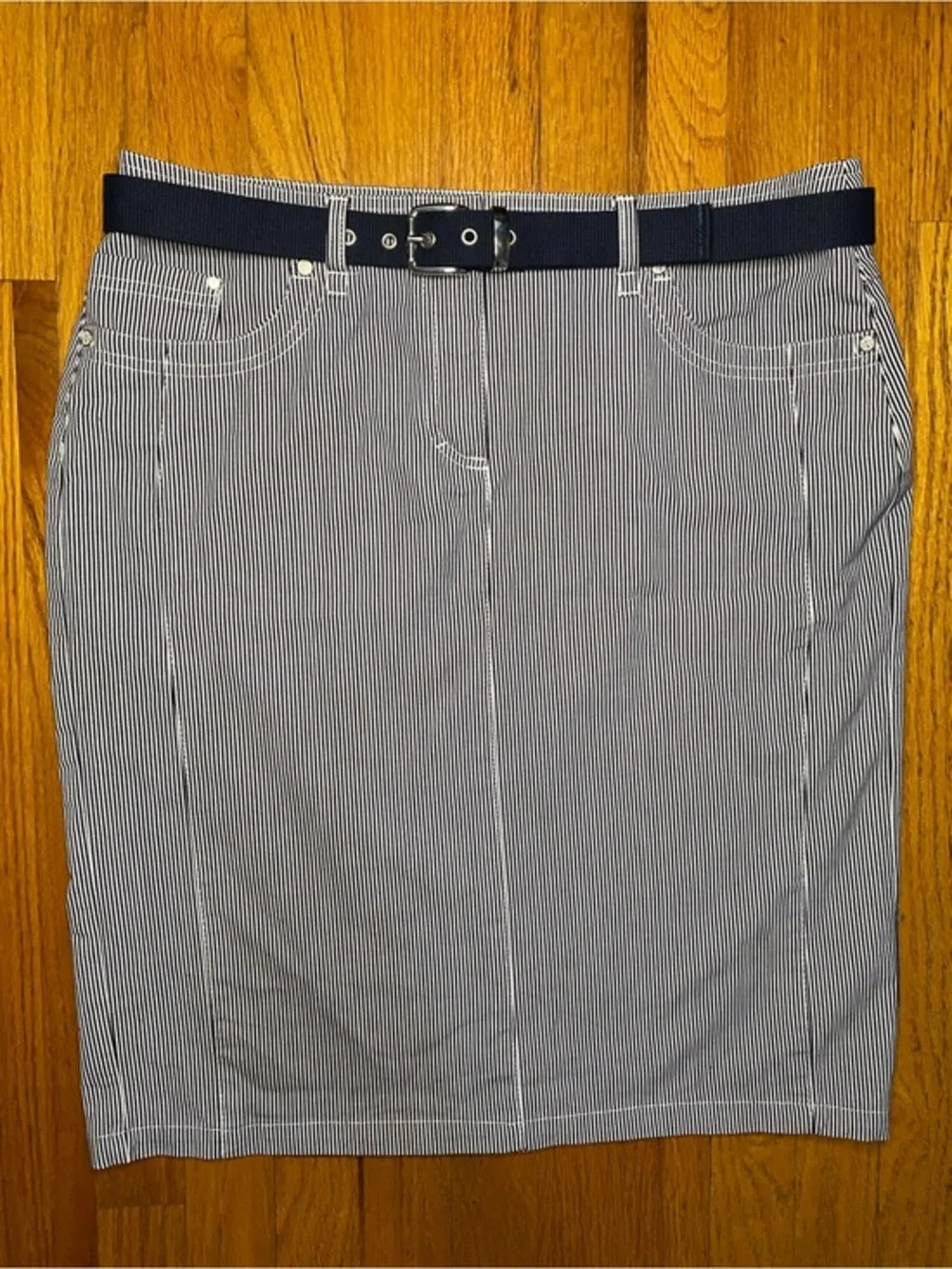 Navy and White Pinstripe Midi Skirt with Belt